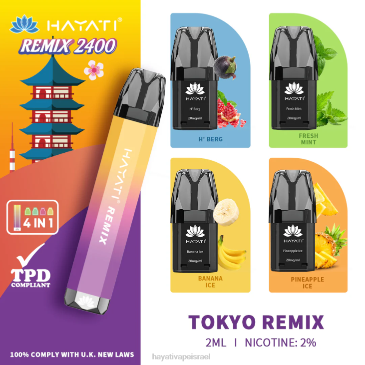 Hayati Vapes Wholesale - Hayati Remix מערכת תרמילים במילוי מראש 2400 פחזניות 848P58 רמיקס של טוקיו